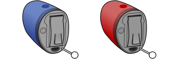 Modelos de aparelho auditivo cic modelo esquerdo e direito azul e vermelho